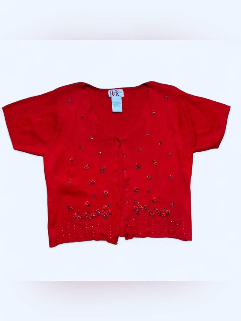 Vintage Rose Embroidered Red Short-Sleeve Beaded Cardigan